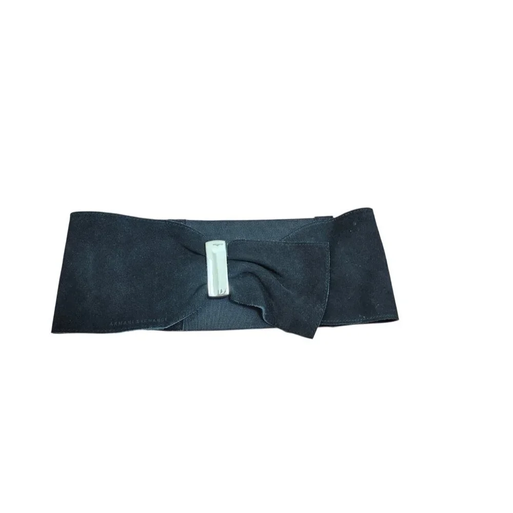 Armani Exchange XS/S Black Suede Leather Elastic Waist Belt Silver Hardware